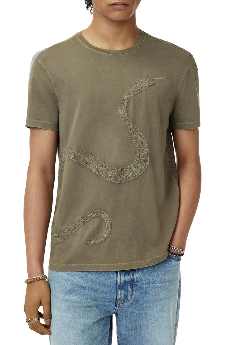 John Varvatos Snake Embroidered Organic Cotton T-Shirt, Alternate, color, Lichen Green