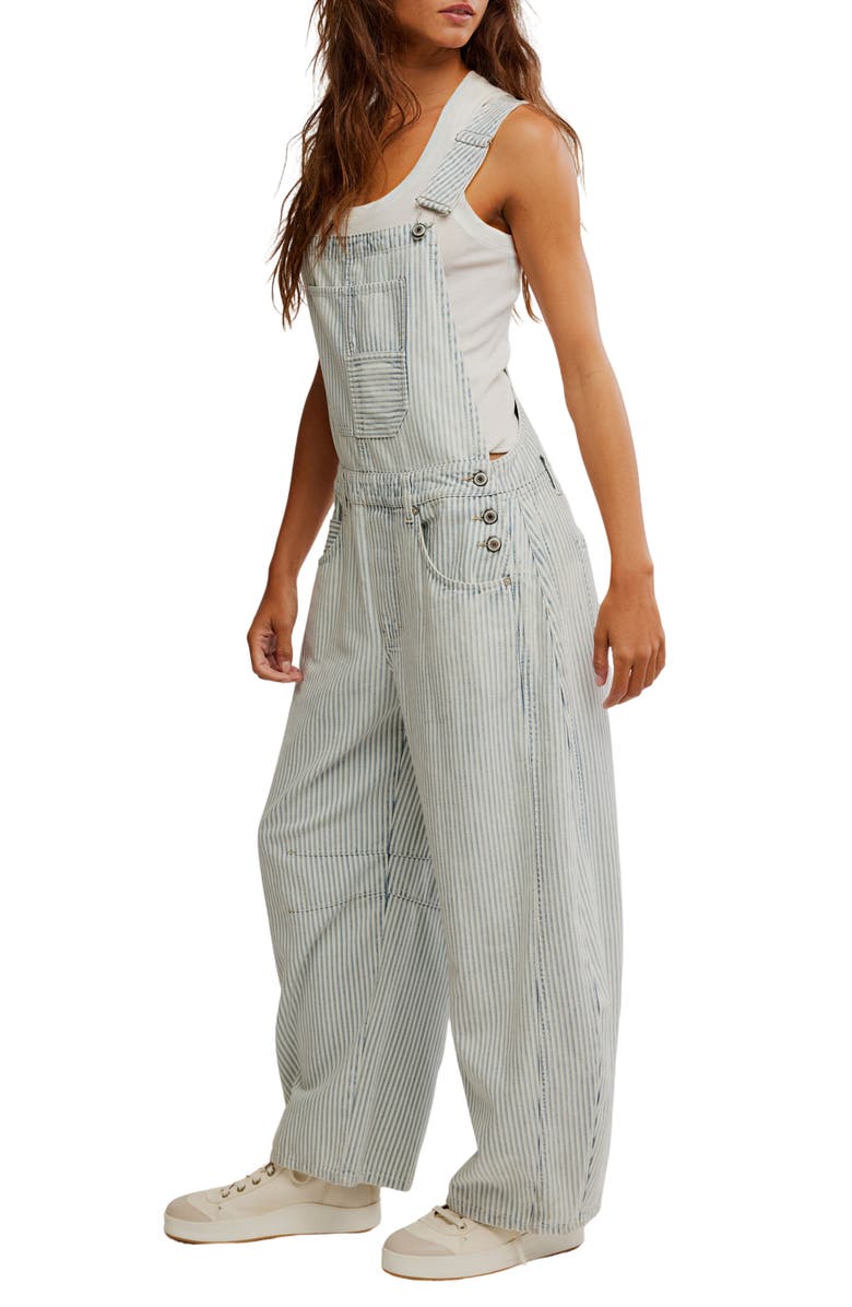 Free People Good Luck Stripe Barrel Leg Overalls, Alternate, color, Indigo Railroad