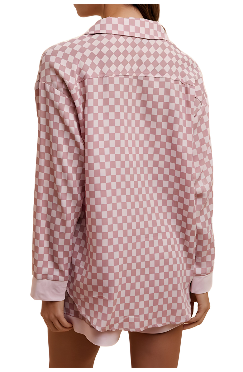 Knit and Lounge Checkerboard Satin Button-Up Shirt and Shorts Pajama Set, Alternate, color, Pink Checkerboard