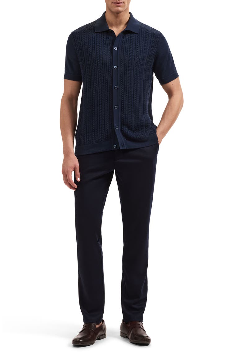 Short Sleeve Cable Knit Button-Up Sweater, Alternate, color, NAVY