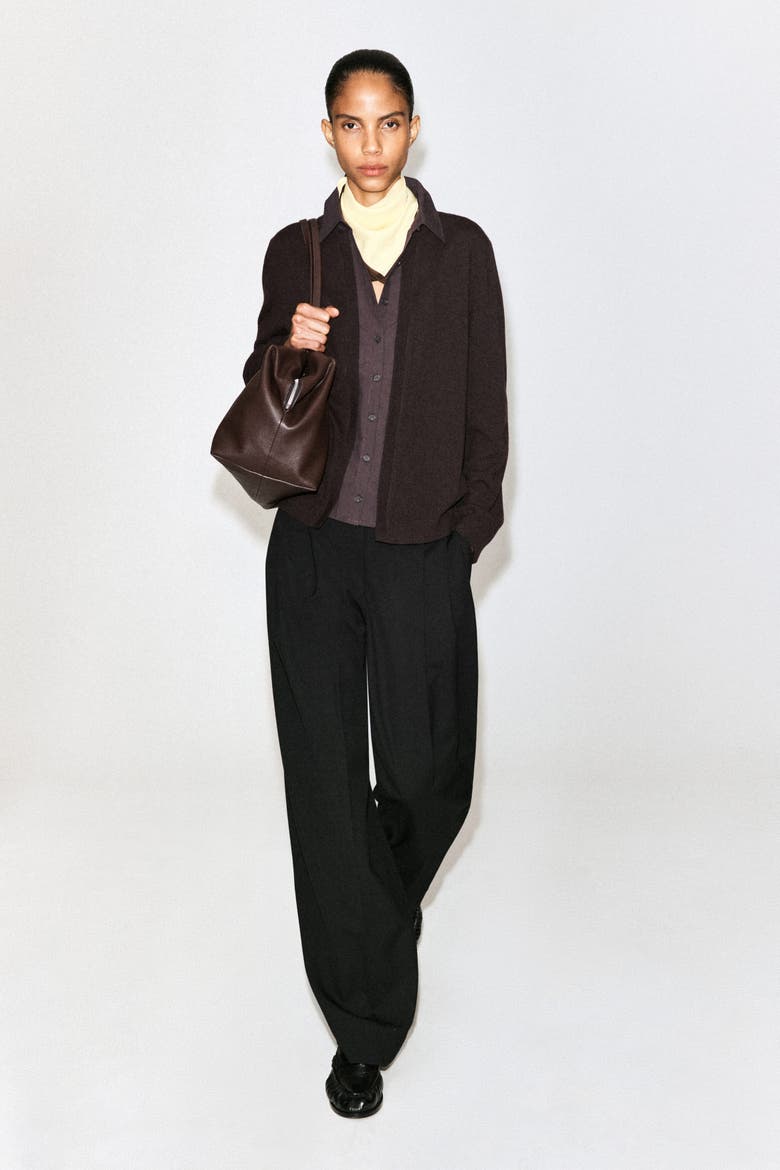 Shirt-Detail Merino Wool Cardigan, Alternate, color, BROWN