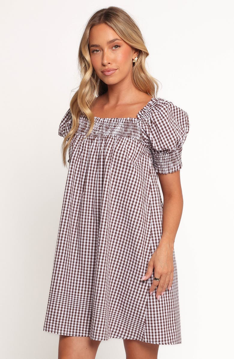 Petal & Pup Kennedy Puff Sleeve Smocked Gingham Minidress, Alternate, color, Chocolate Gingham