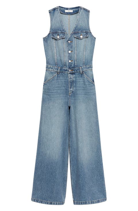 Sleeveless Wide Leg Denim Jumpsuit