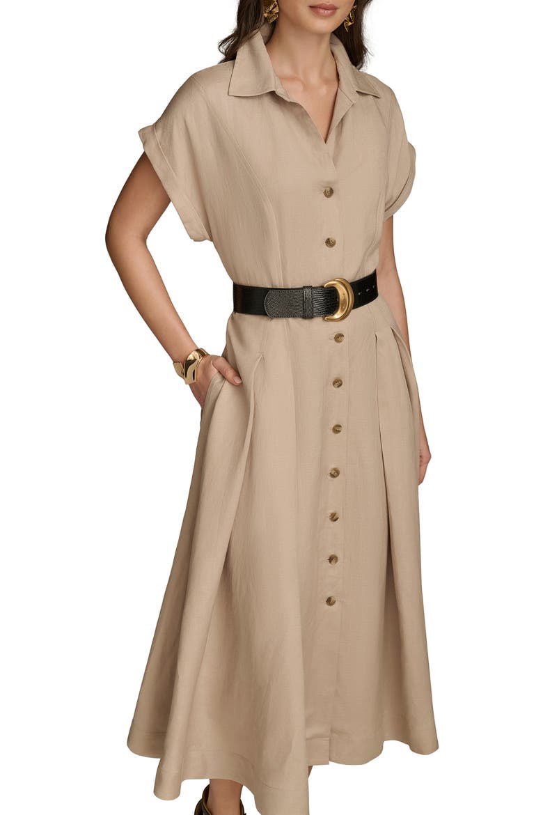 Linen Blend Belted Midi Shirtdress, Alternate, color, FAWN LINEN