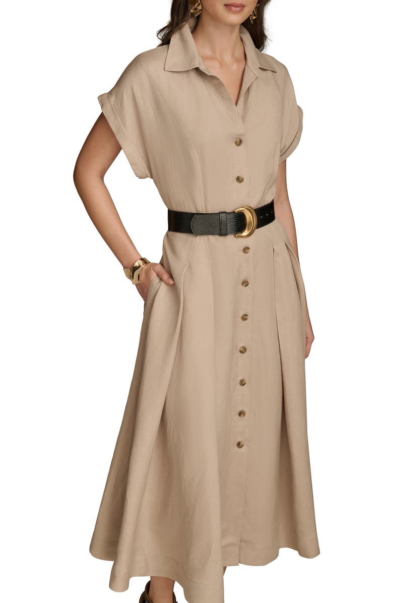 Donna Karan New York Linen Blend Belted Midi Shirtdress, Alternate, color, Fawn Linen
