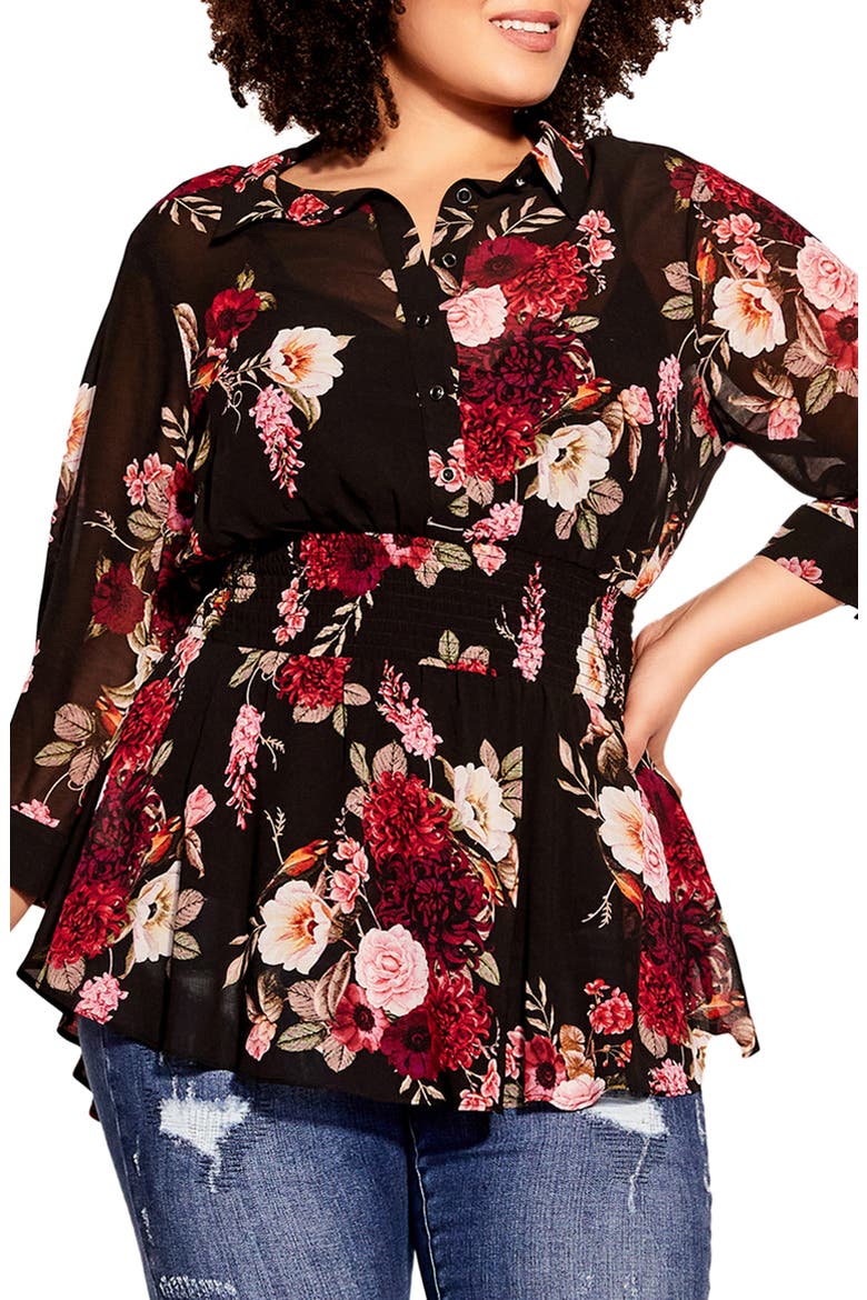 Floral Paradise Smock Waist Blouse, Main, color, BLACK FLORAL PARADISE