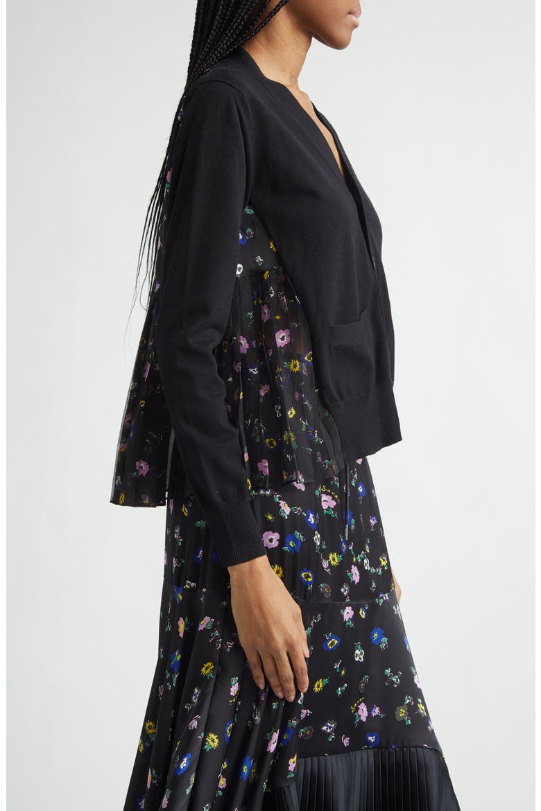 Mixed Media Pleated Floral Chiffon & Knit Cardigan, Alternate, color, BLACK/ BLACK