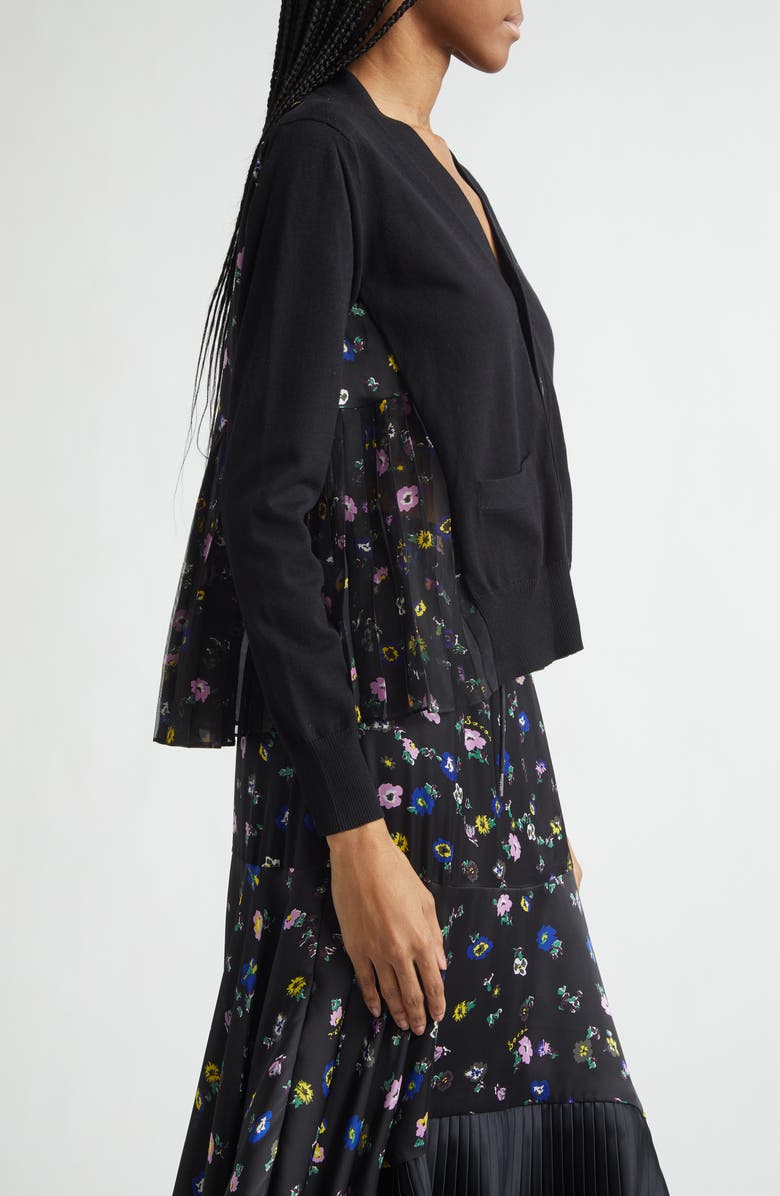 Sacai Mixed Media Pleated Floral Chiffon & Knit Cardigan, Alternate, color, Black/ Black