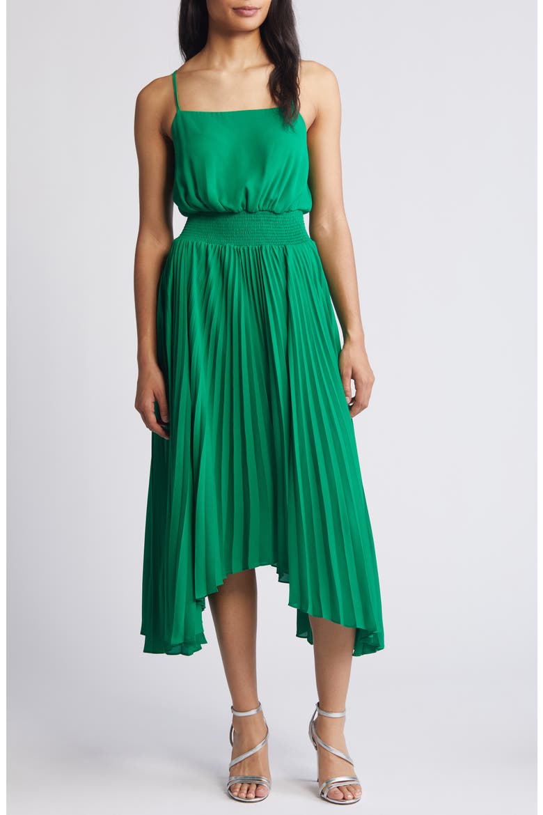 Pleated Sharkbite Hem Midi Dress, Main, color, JOLLY GREEN