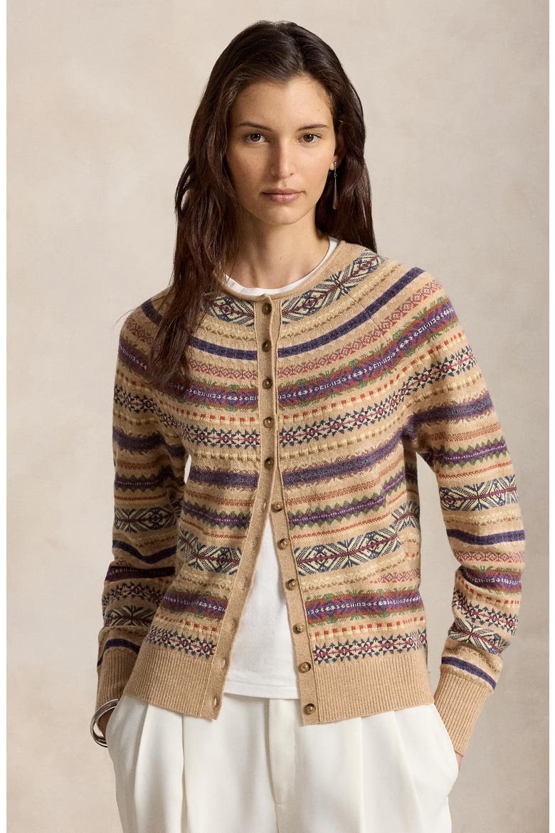 Fair Isle Wool Blend Cardigan, Alternate, color, TAN MULTI
