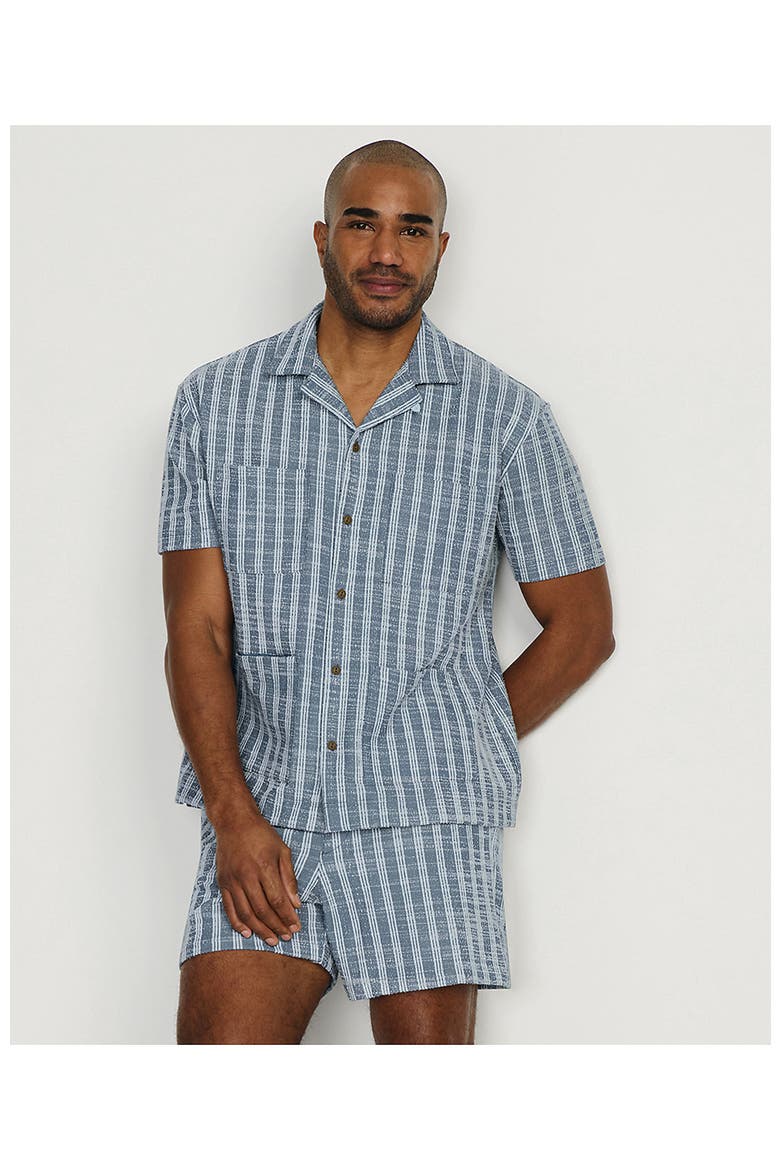 Short Sleeve Textured Jacquard Camp Collar Shirt - Set Top, Alternate, color, Serene Blue Stripe