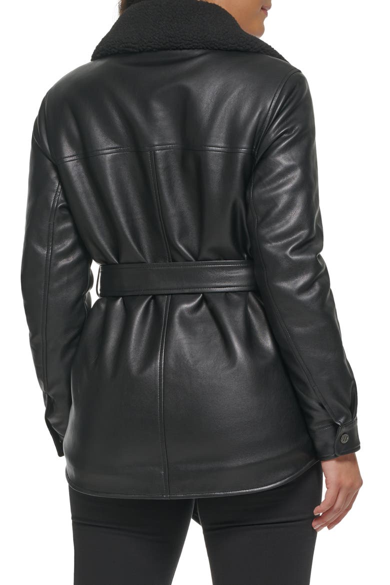 Faux Leather Tie Belt Shacket with Removable Faux Shearling Collar, Alternate, color, BLACK