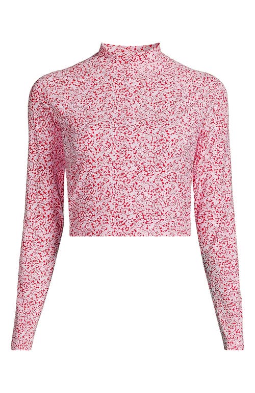 Lands' End Long Sleeve Mock Neck Cropped Upf 50 Sun Protection Rash Guard In Coral Rose/white Ditsy Lilies
