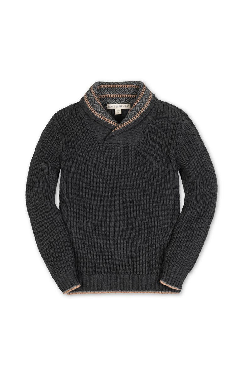 Hope & Henry Kids' Organic Long Sleeve Shawl Collar Sweater with Intarsia Detail, Main, color, Charcoal Heather With Detail