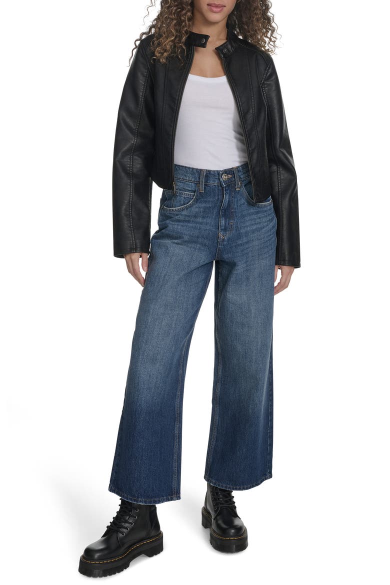 Faux Leather Racer Jacket, Alternate, color, BLACK