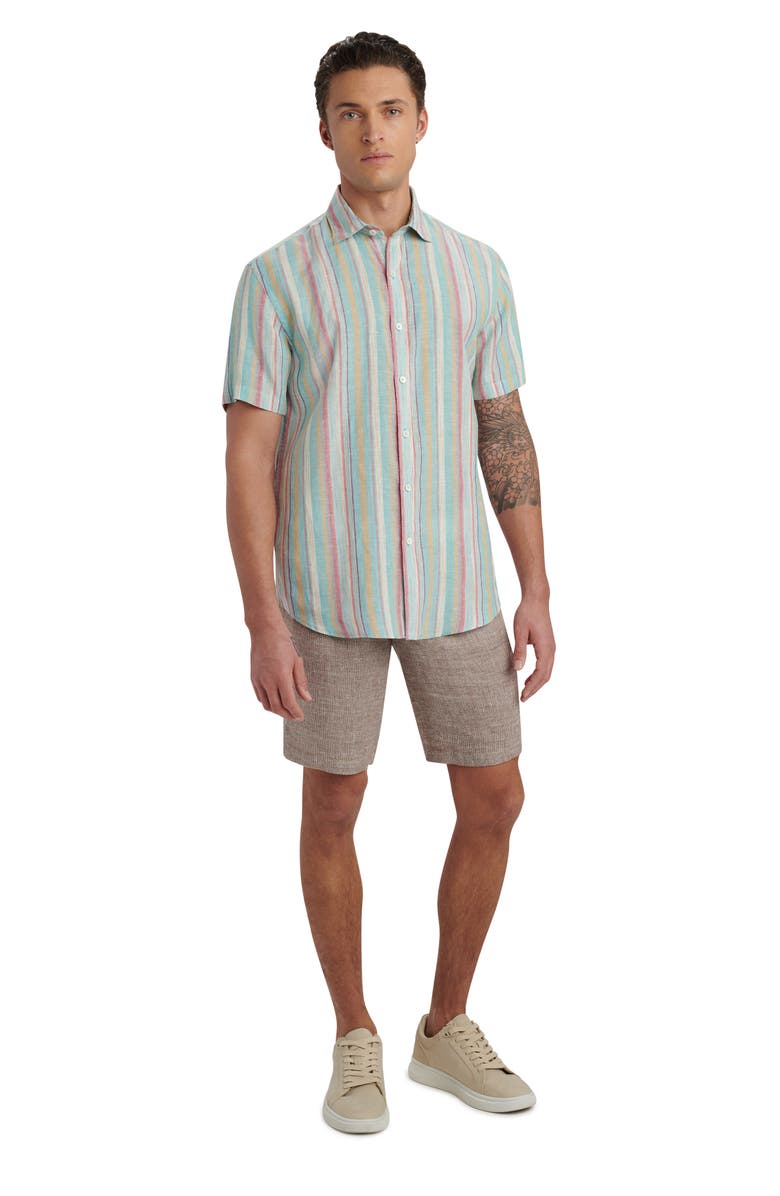 Bugatchi Orson Shaped Fit Stripe Short Sleeve Linen Button-Up Shirt, Alternate, color, Seafoam