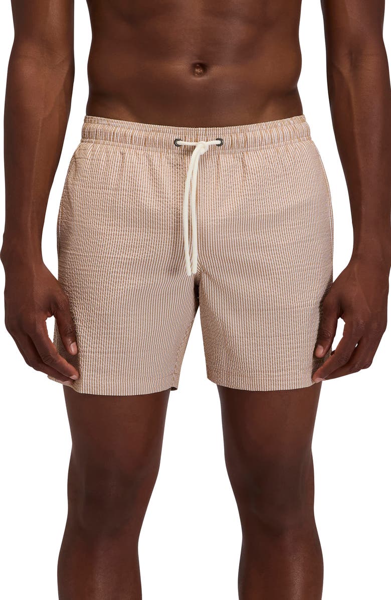 Sundek Stripe Seersucker Swim Trunks, Main, color, Safari