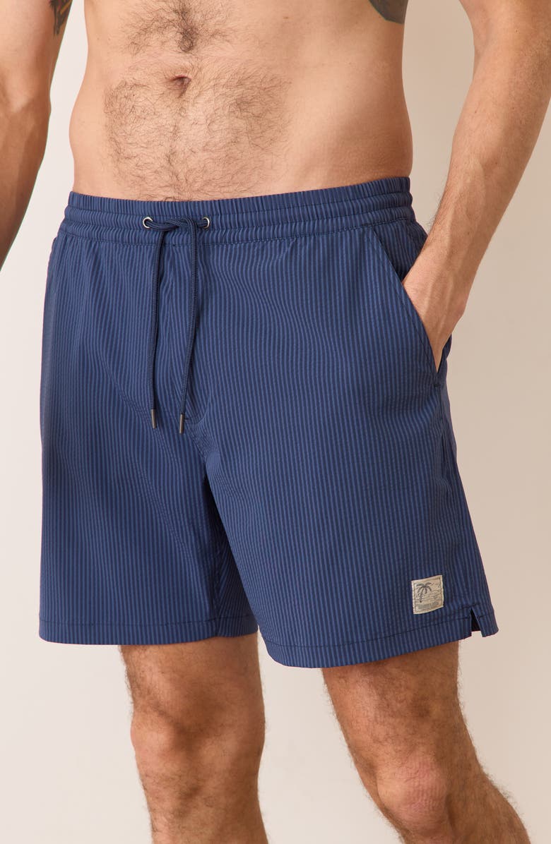 Marine Layer Navy/Blue Striped Lined Sport Hybrid Swim Shorts, Alternate, color, Navy/ Blue Stripe