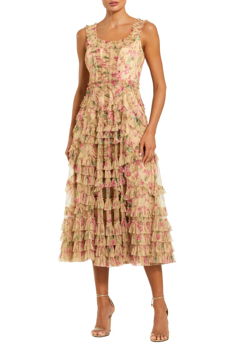 Women's Floral Printed Sleeveless Ruffle Midi Dress, Main, color, Beige Multi
