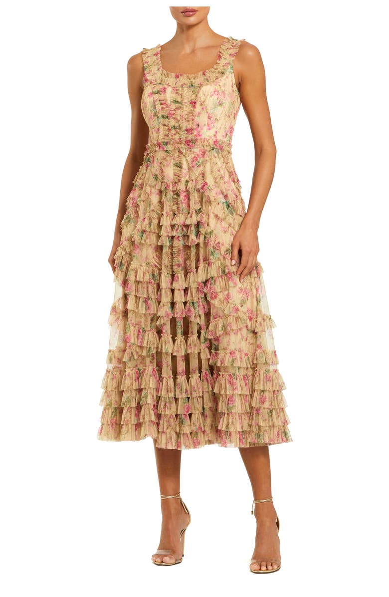Mac Duggal Floral Printed Sleeveless Ruffle Midi Dress, Main, color, Beige Multi