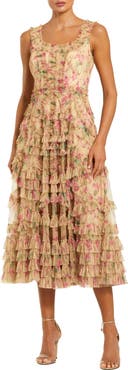 Mac Duggal Floral Printed Sleeveless Ruffle Midi Dress