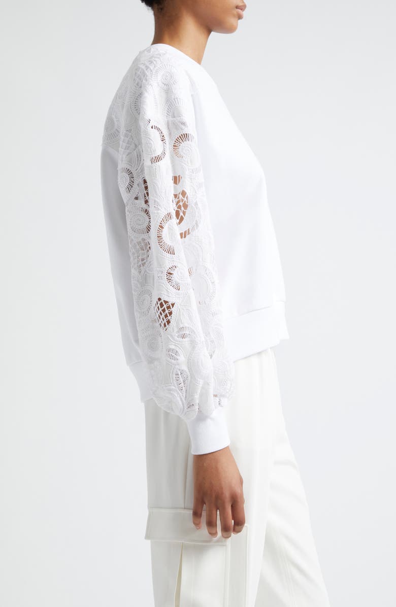 Cinq à Sept Lace Sleeve Cotton Sweatshirt, Alternate, color, White
