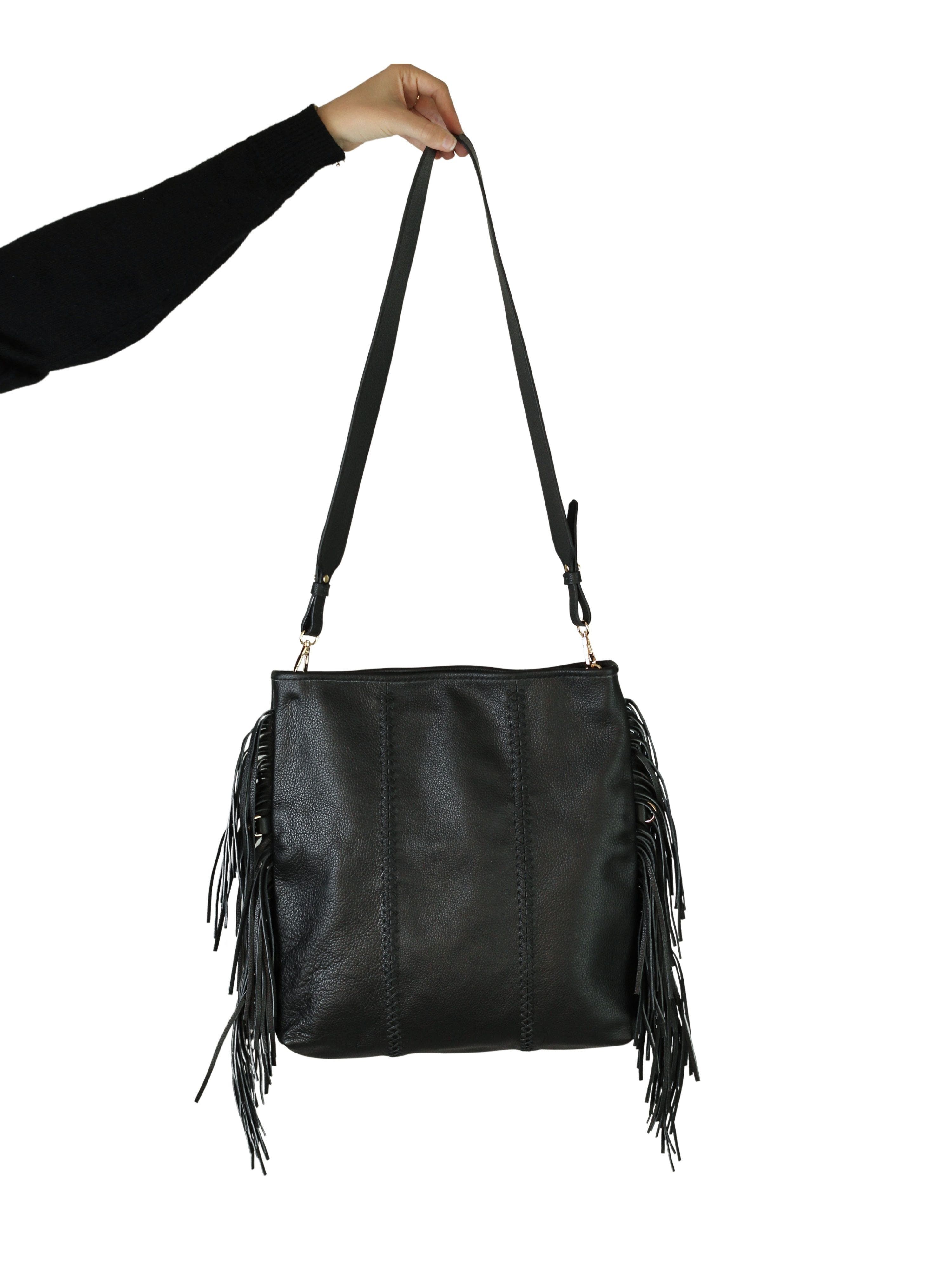 Carlos Falchi Large Fringe Leather Crossbody Messenger, Alternate, color, Black Obsidian