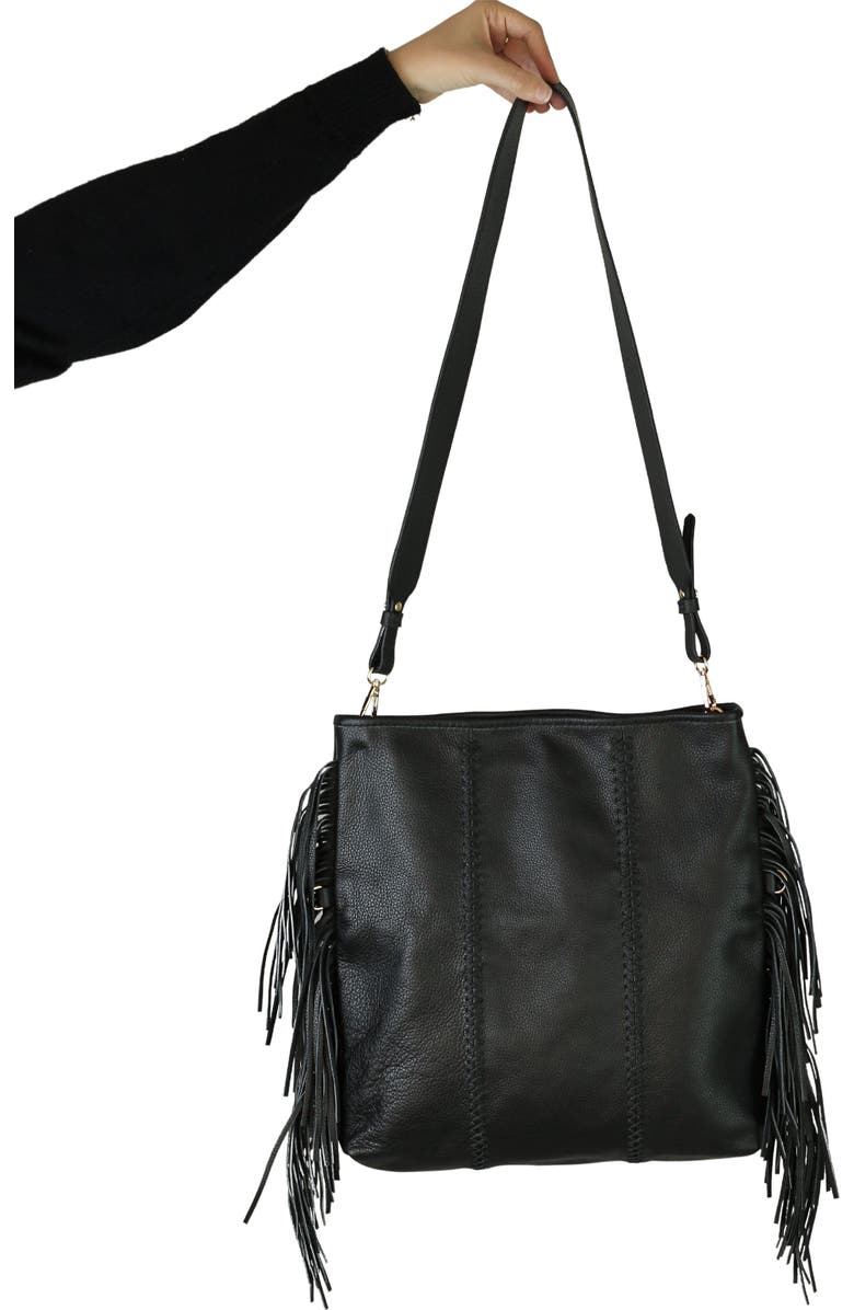 Carlos Falchi Large Fringe Leather Crossbody Messenger, Alternate, color, Black Obsidian