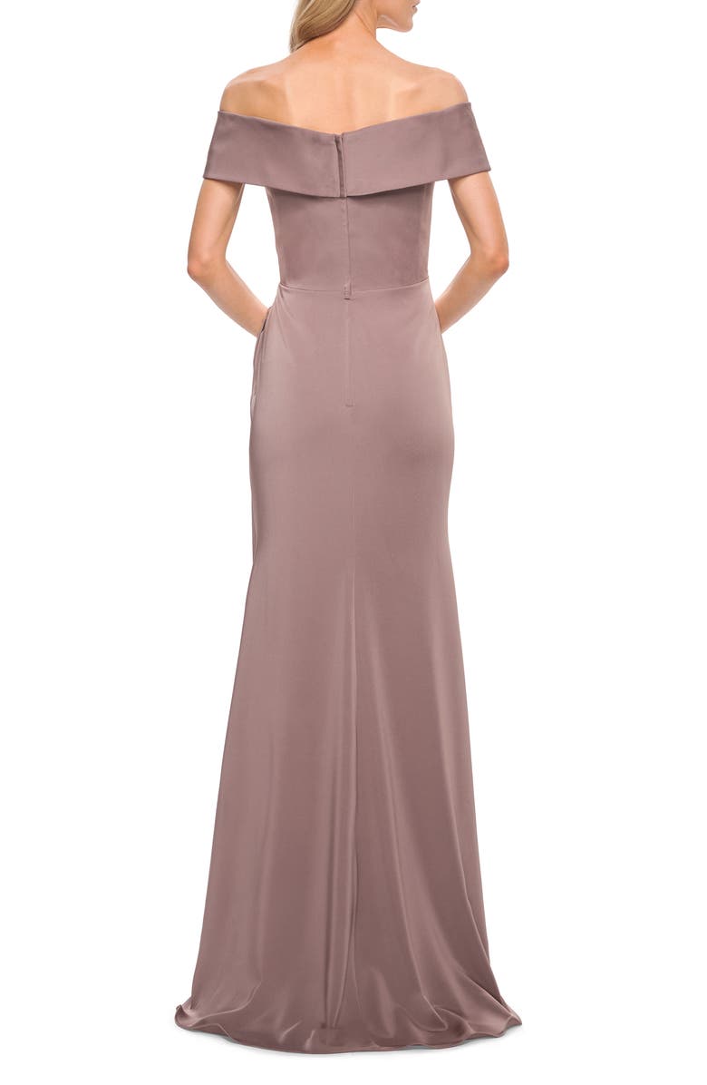 La Femme Off the Shoulder Satin Trumpet Gown, Alternate, color, 