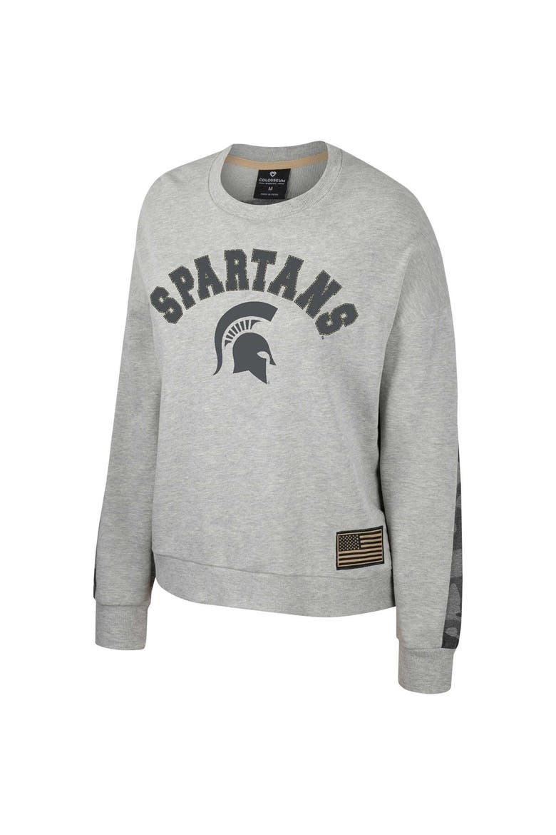 Women's Colosseum Heather Gray Michigan State Spartans OHT Military Appreciation Flag Rank Dolman Pullover Sweatshirt, Alternate, color, Heather Gray