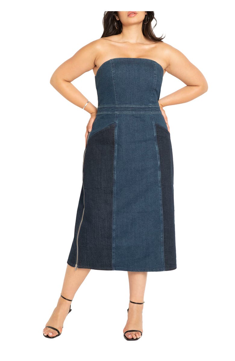 ELOQUII Strapless Denim Dress, Main, color, Medium Wash