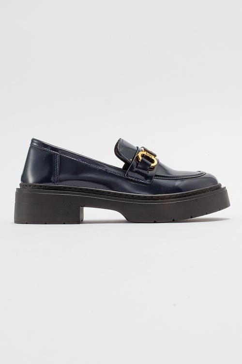 Forever & Always Shoes Simone Bit Platform Loafer In Dark Blue Patent Faux Leather