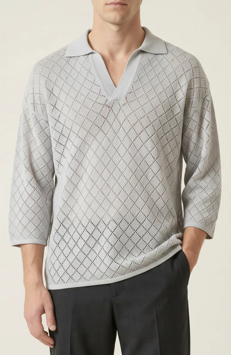 Modenaire Textured Open Collar Knit Polo Top, Alternate, color, Light Grey