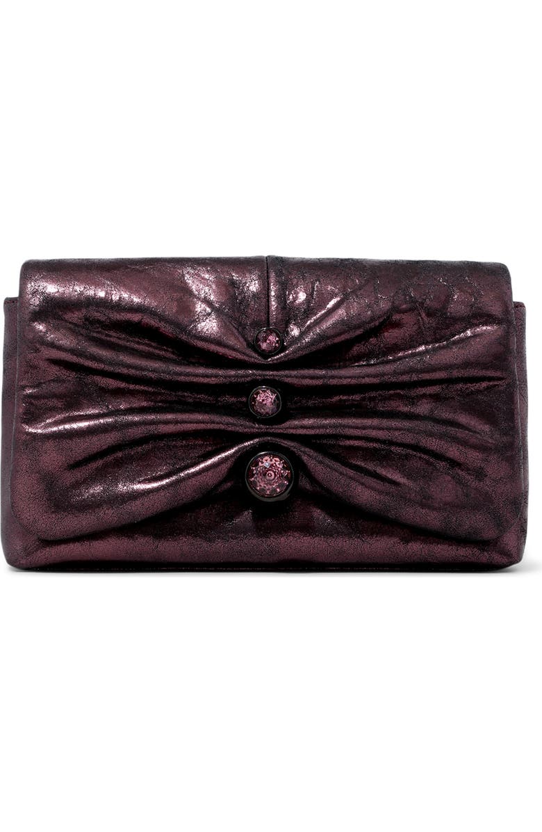 Alexis Bittar Ruched Crystal Metallic Leather Clutch, Main, color, Dark Plum