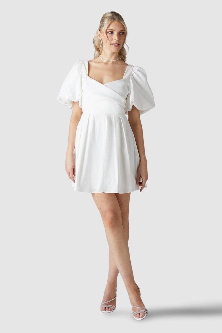 Puff Sleeve Mini Wedding Dress, Main, color, Ivory