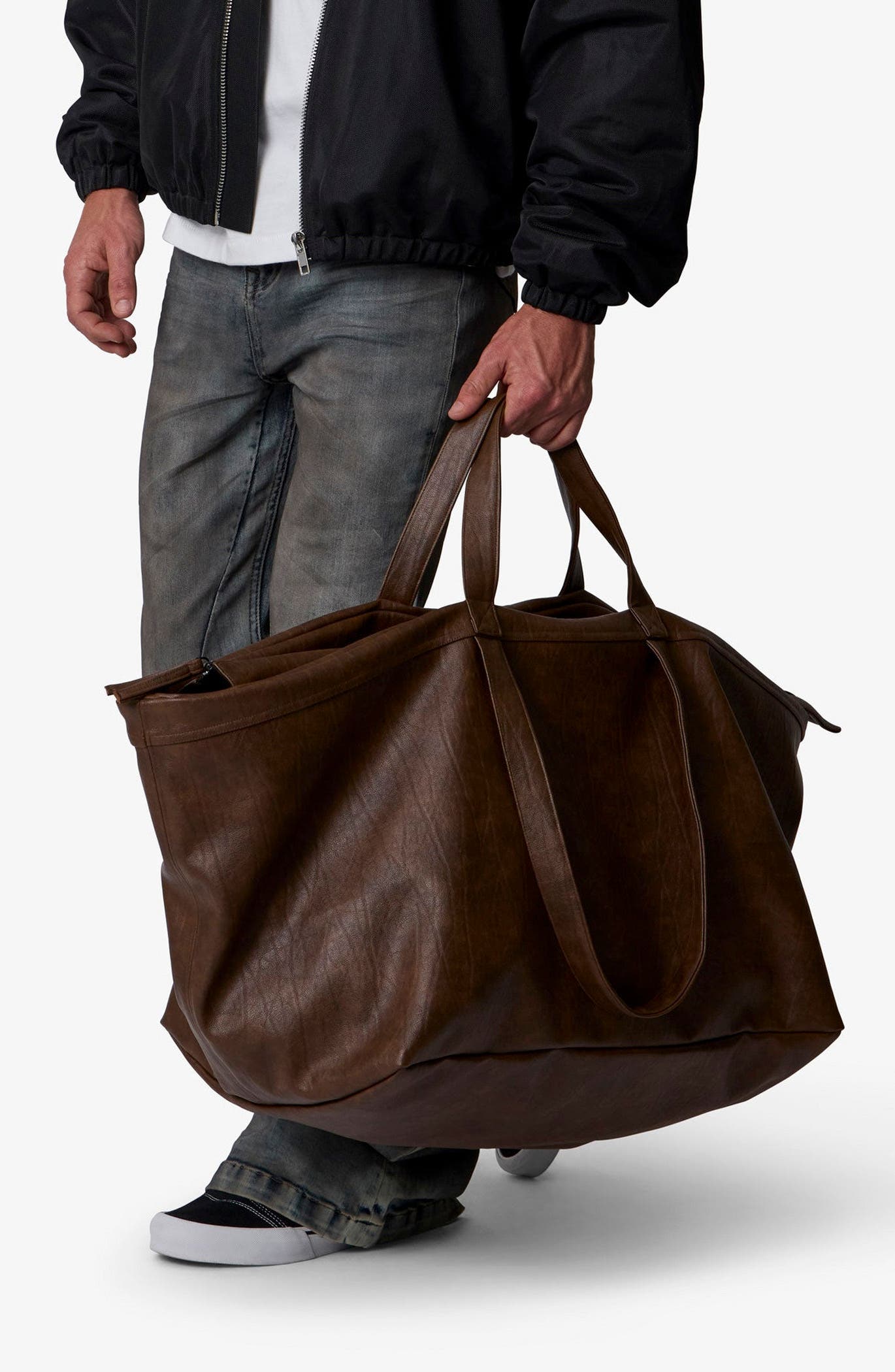 Faux Leather Weekender Duffel Bag, Alternate, color, BROWN