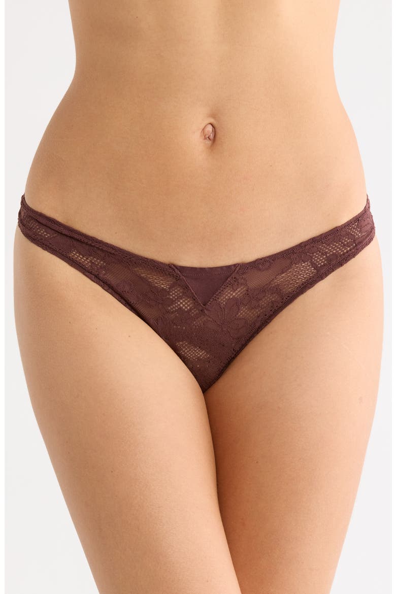 Le Stretch Lace Thong, Main, color, COCOA PLUM