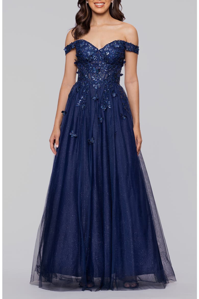 Off the Shoulder Sequin 3D Embellished Tulle Gown, Main, color, NAVY