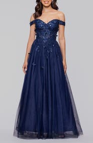 Blondie Nites Off the Shoulder Sequin 3D Embellished Tulle Gown