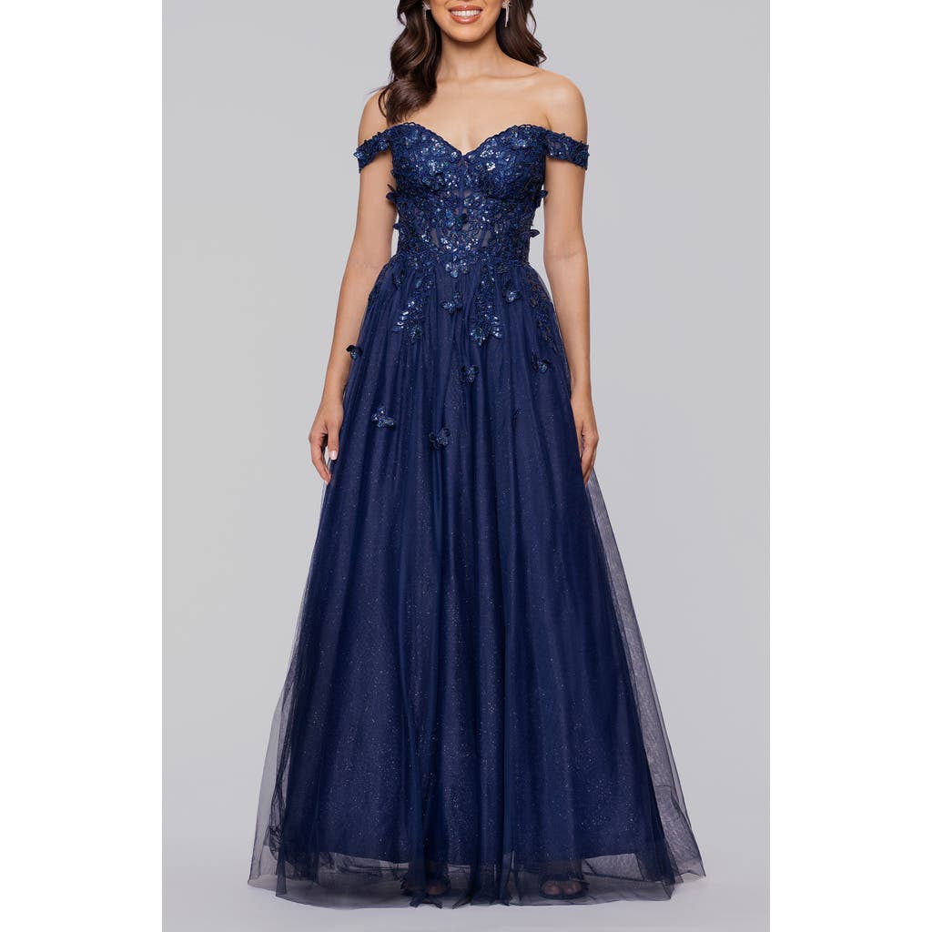 Blondie Nites Off The Shoulder Sequin 3d Embellished Tulle Gown In Blue