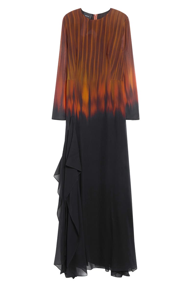 Fuego Print Long Sleeve Silk Crepe Gown, Main, color, COFFE-VICUNA