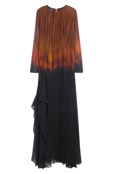 Fuego Print Long Sleeve Silk Crepe Gown