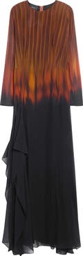 Akris Fuego Print Long Sleeve Silk Crepe Gown