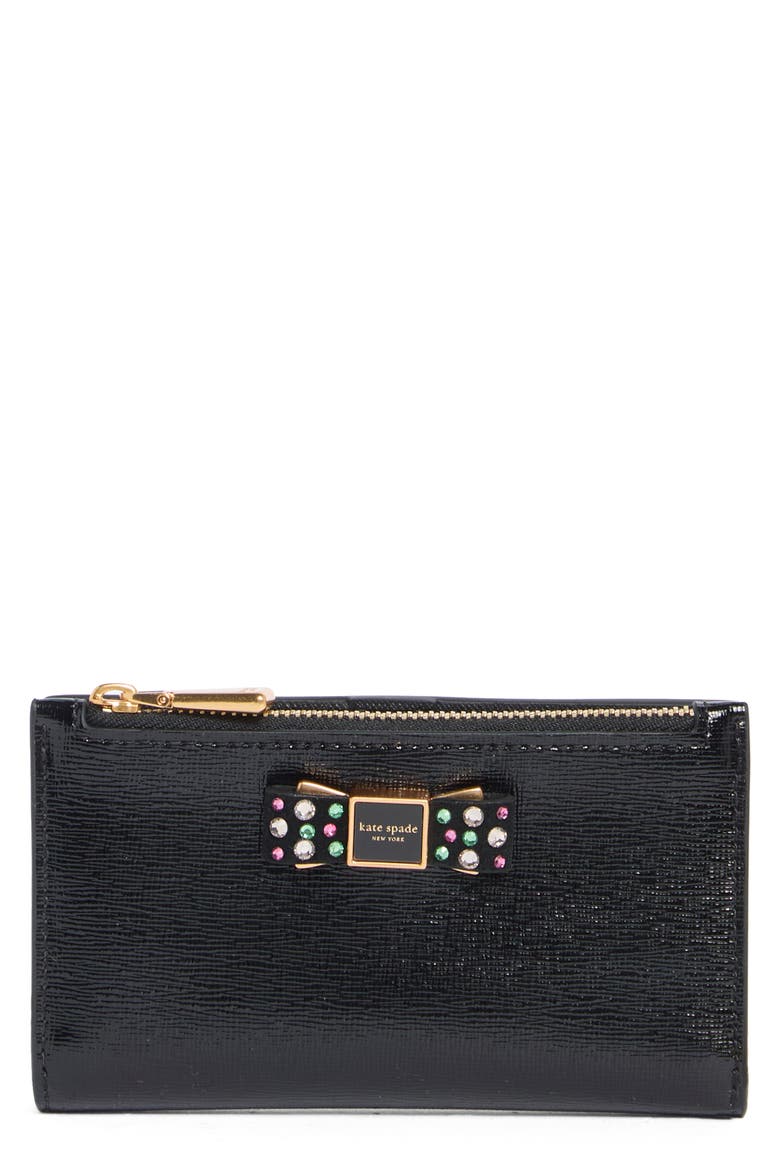 Morgan Bedazzled Bow Patent Leather Wallet, Main, color, BLACK