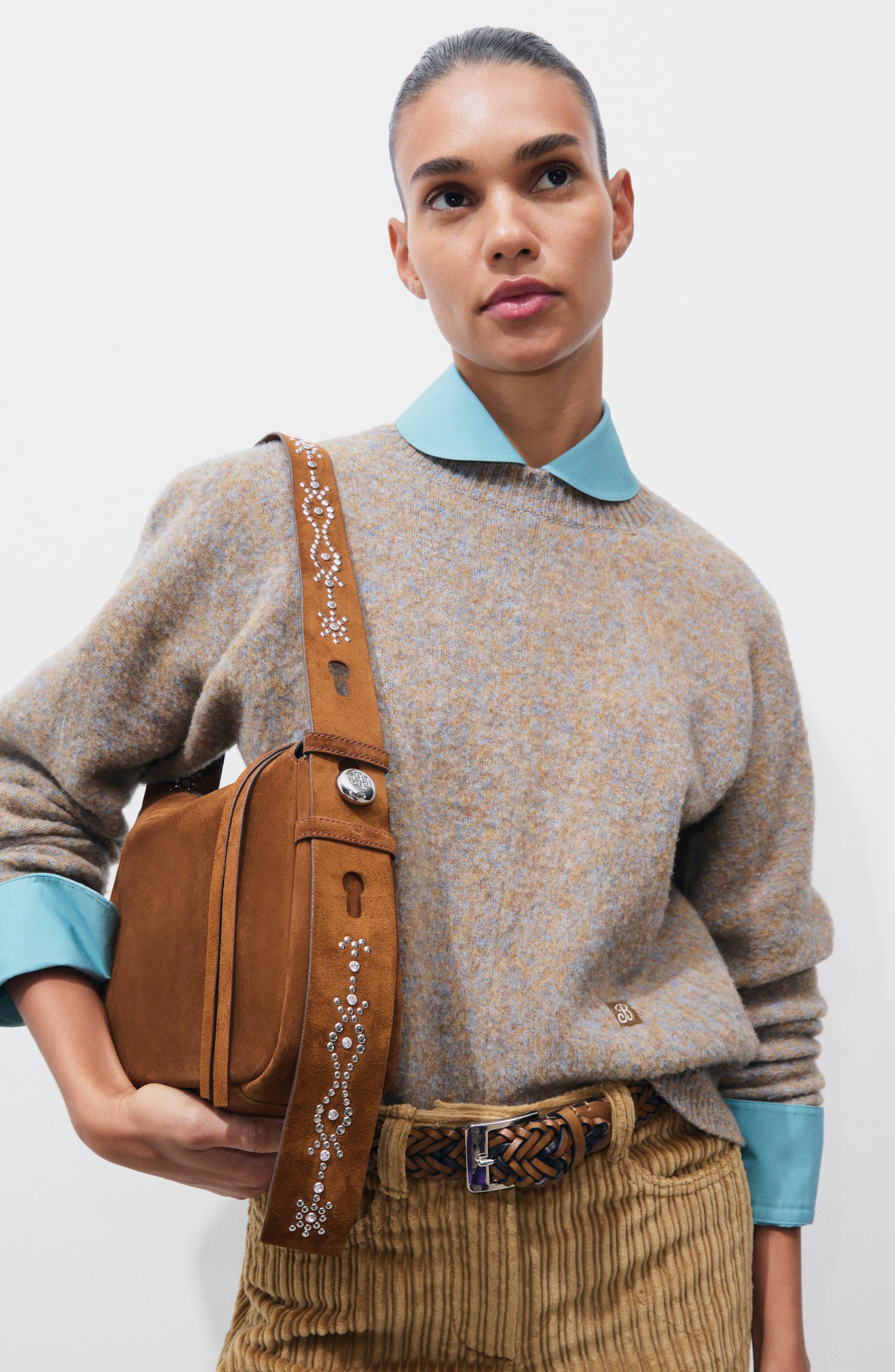 Romy Studded Suede Shoulder Bag, Alternate, color, CARAMEL