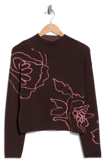 T Tahari Mock Neck Jacquard Sweater In Rich Mocha/ Rose Outlined Flor