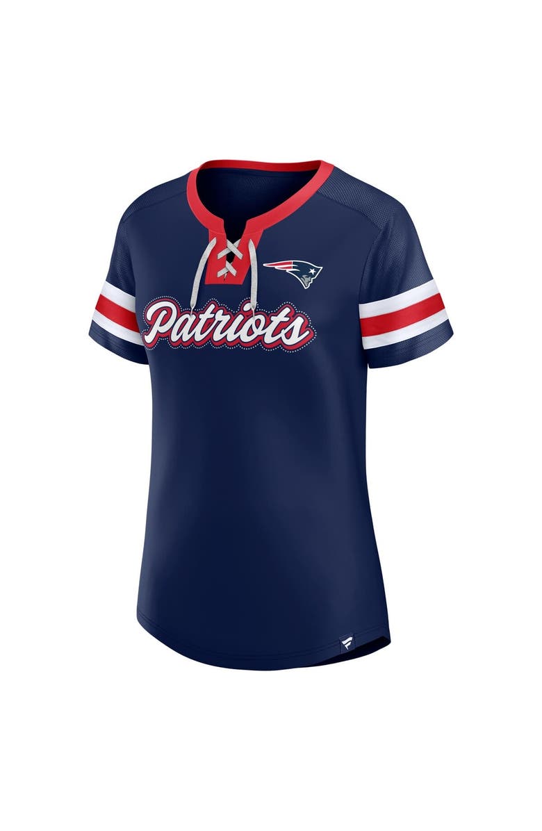 FANATICS Women's Fanatics Navy New England Patriots True Catch Iconic Rhinestone Bling Athena Lace-Up T-Shirt, Alternate, color, Navy