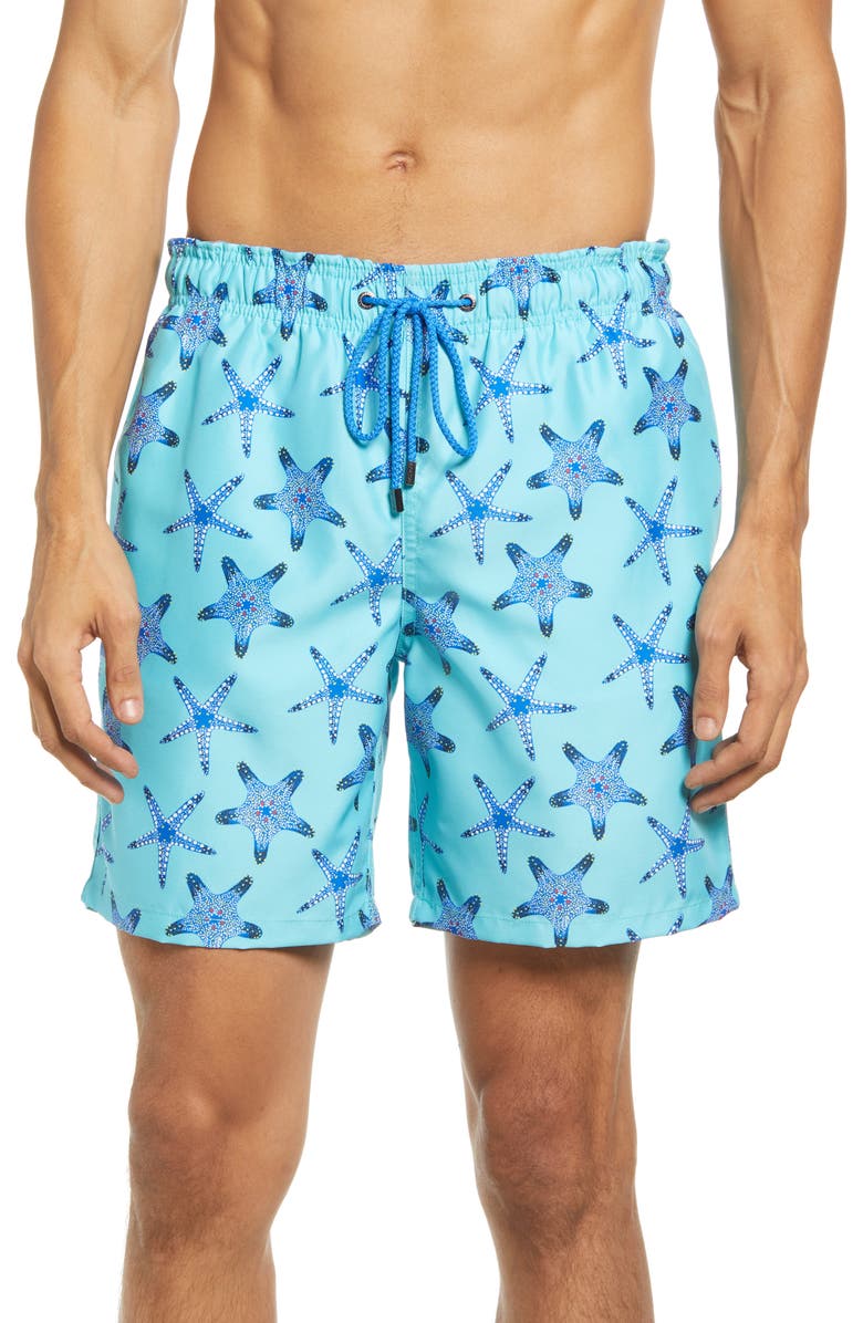Bugatchi Starfish Print Swim Trunks, Main, color, 