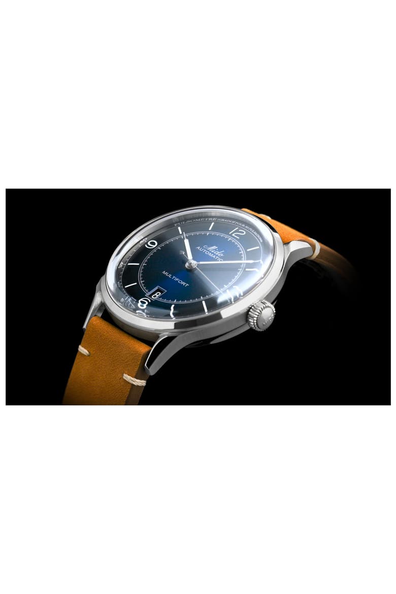 Multifort Pulsemeter Automatic Leather Strap Watch, 40mm, Alternate, color, BROWN/ BLUE/ SILVER