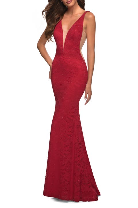 Chic Stretch Lace Gown with Deep V Neckline